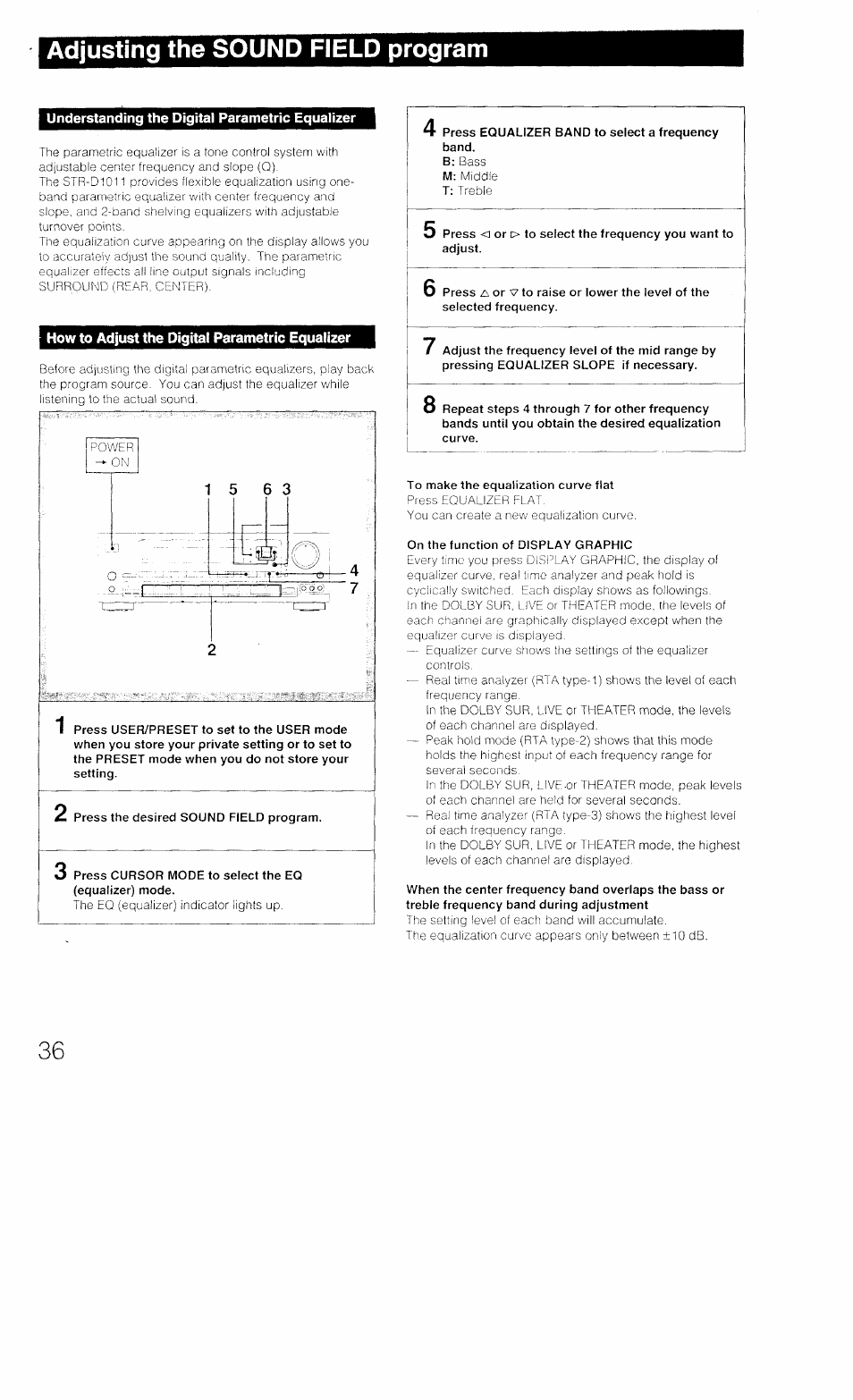 Understanding the digital parametric equalizer, How to adjust the digital parametric equalizer, Adjusting the sound field program | Sony STR-D1011 User Manual | Page 36 / 44