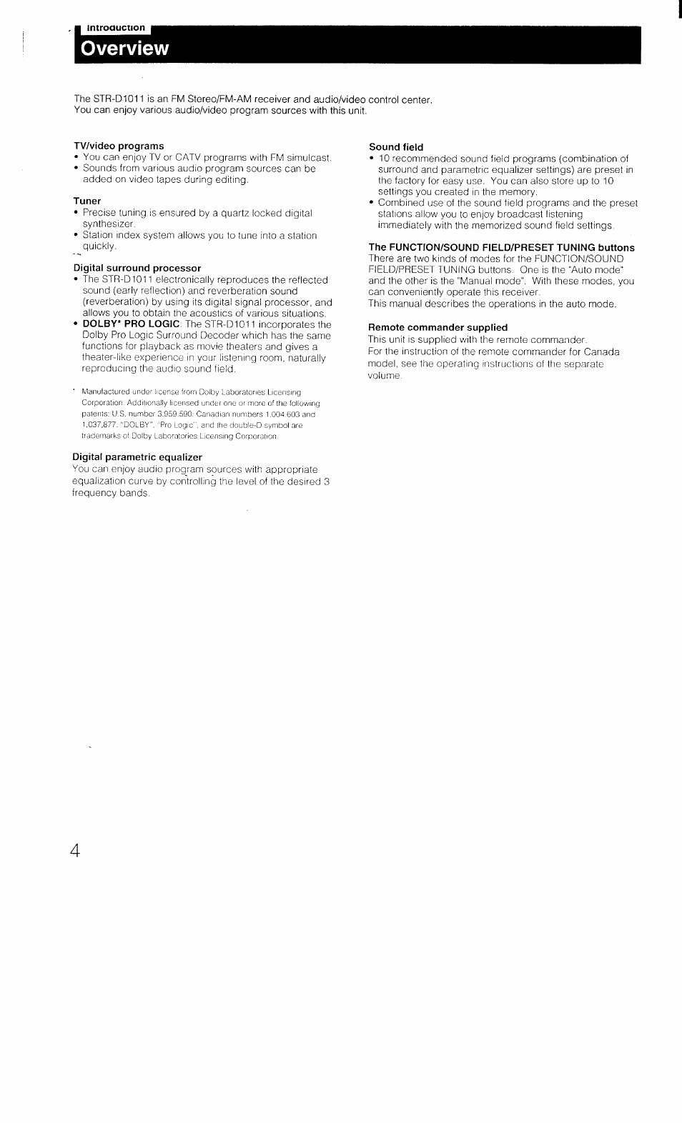 Overview, Tv/video programs, Tuner | Digital surround processor, Digital parametric equalizer, Sound field, The function/sound field/preset tuning buttons, Remote commander supplied, Sound field/preset tuning buttons | Sony STR-D1011 User Manual | Page 4 / 44