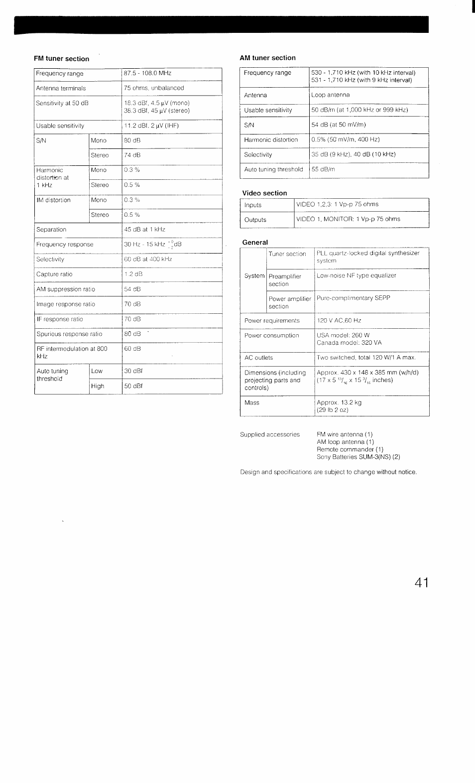 Fm tuner section, Am tuner section, Video section | General | Sony STR-D1011 User Manual | Page 41 / 44