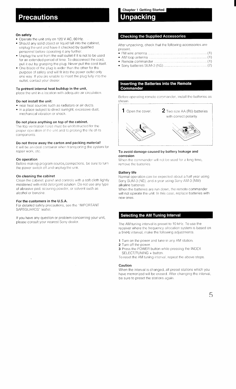 I chapter 1 getting started, Unpacking, On safety | To prevent internal heat buildup in the unit, Do not install the unit, Do not place anything on top of the cabinet, Do not throw away the carton and packing material, On operation, On cleaning the cabinet, For the customers in the u.s.a | Sony STR-D1011 User Manual | Page 5 / 44