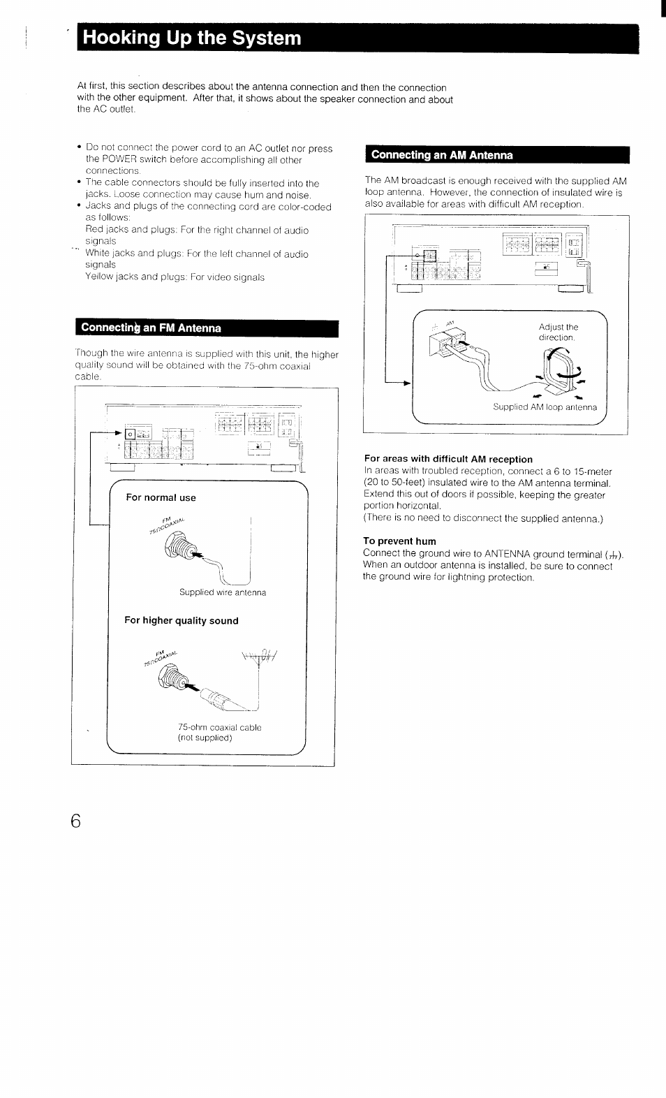 Hooking up the system, Connecting an fm antenna, Connecting an am antenna | For areas with difficult am reception, To prevent hum, Connecting an fm antenna connecting an am antenna | Sony STR-D1011 User Manual | Page 6 / 44