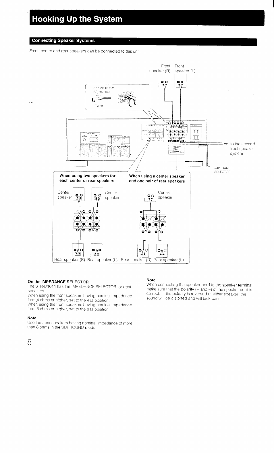 Hooking up the system, Connecting speaker systems, On the impedance selector | Note | Sony STR-D1011 User Manual | Page 8 / 44