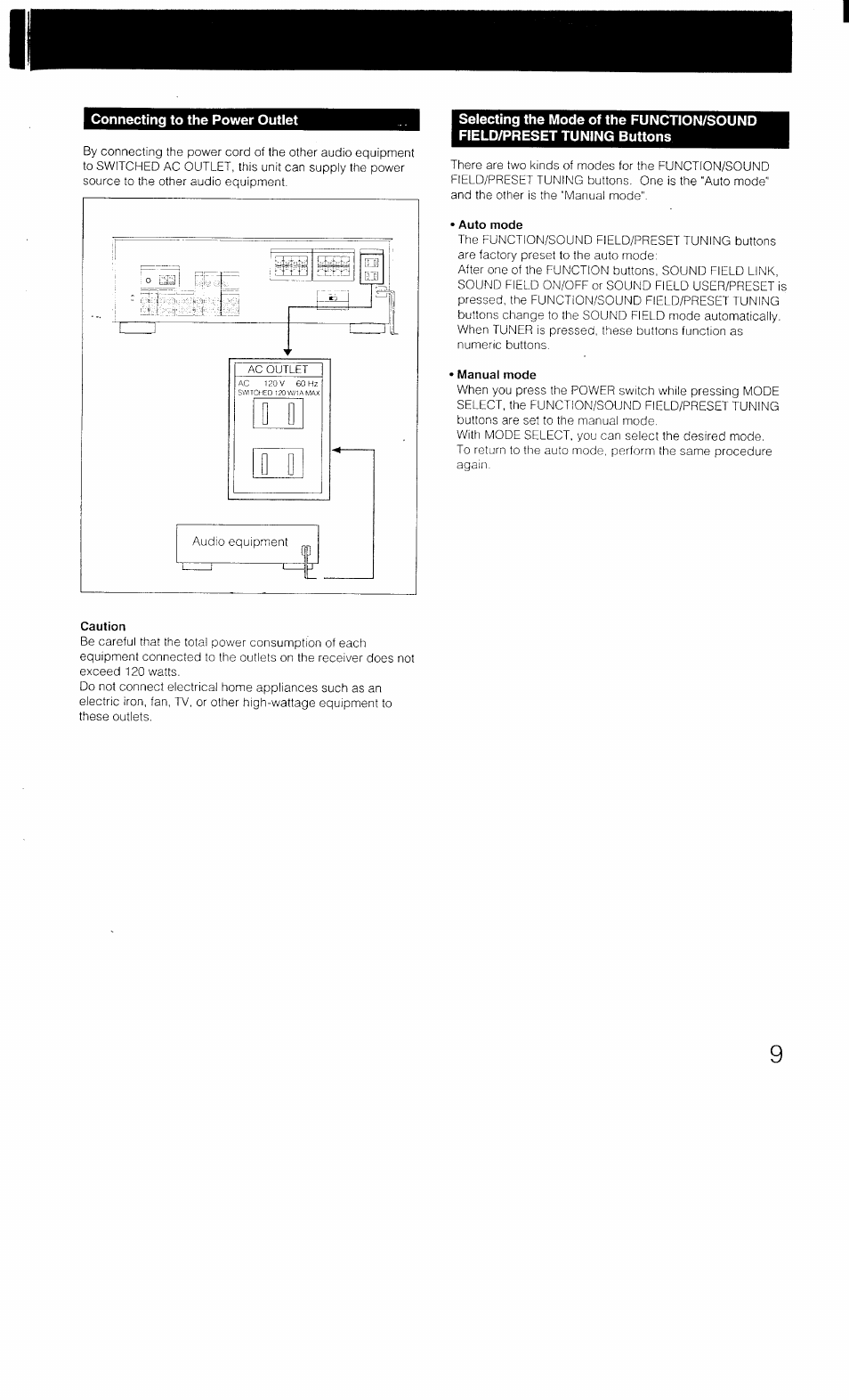 Connecting to the power outlet, Auto mode, Manual mode | Caution | Sony STR-D1011 User Manual | Page 9 / 44