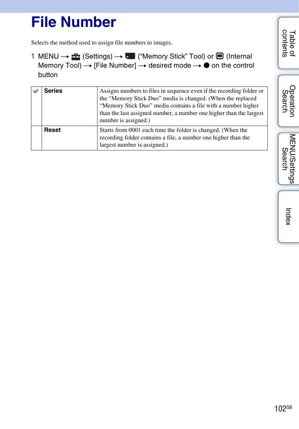 File number | Sony DSC-H20 User Manual | Page 102 / 149