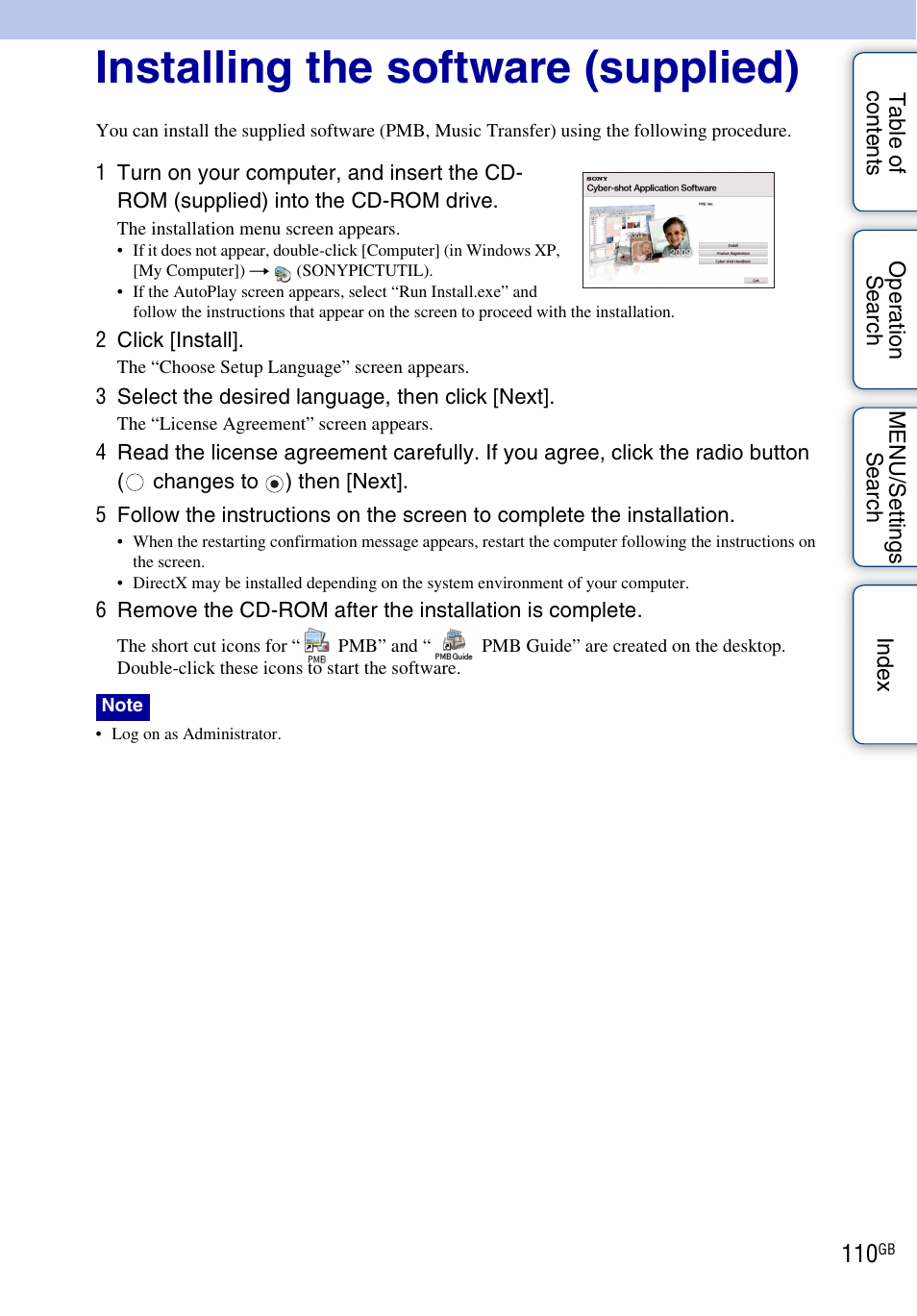 Installing the software (supplied) | Sony DSC-H20 User Manual | Page 110 / 149
