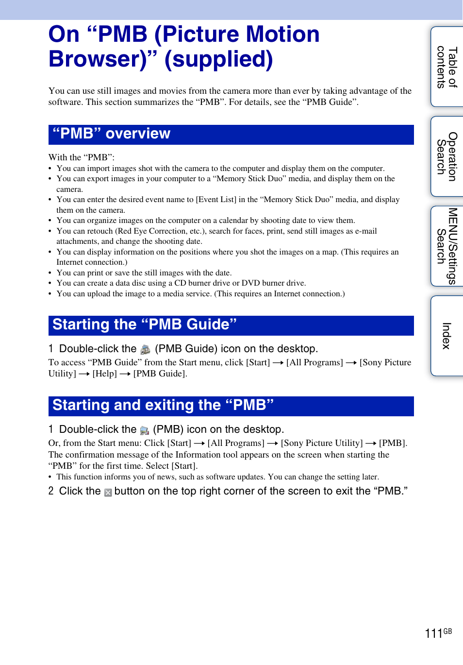 On “pmb (picture motion browser)” (supplied) | Sony DSC-H20 User Manual | Page 111 / 149