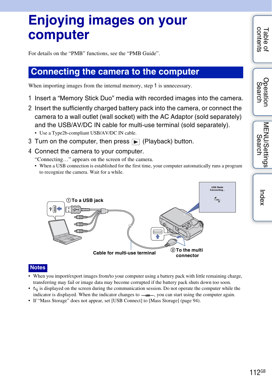 Enjoying images on your computer, Connecting the camera to the computer | Sony DSC-H20 User Manual | Page 112 / 149