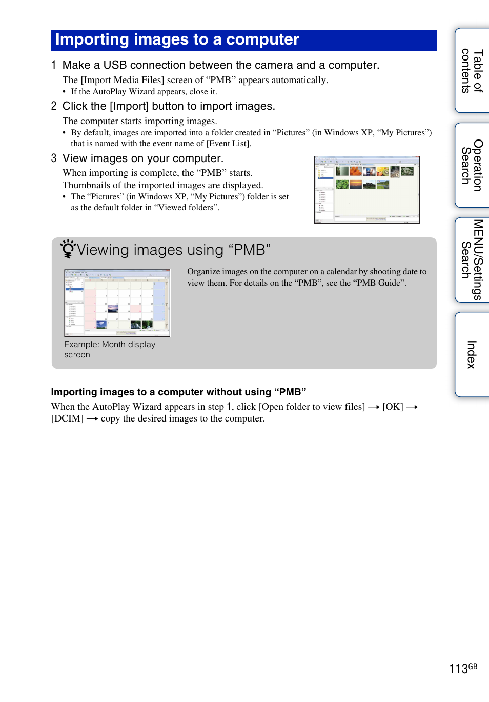 113 w, Importing images to a computer z, Viewing images using “pmb | Sony DSC-H20 User Manual | Page 113 / 149