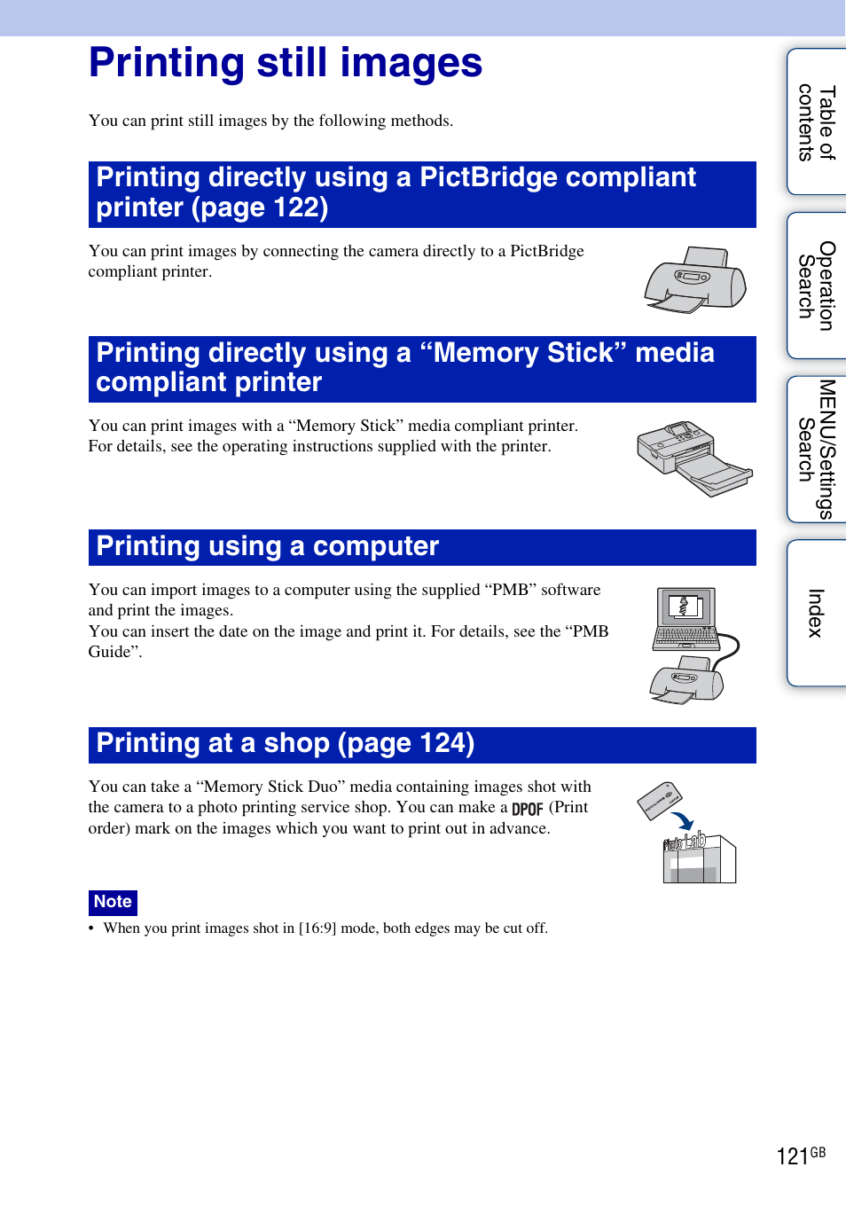 Printing still images | Sony DSC-H20 User Manual | Page 121 / 149