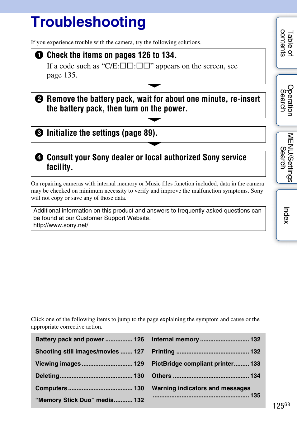 Troubleshooting | Sony DSC-H20 User Manual | Page 125 / 149