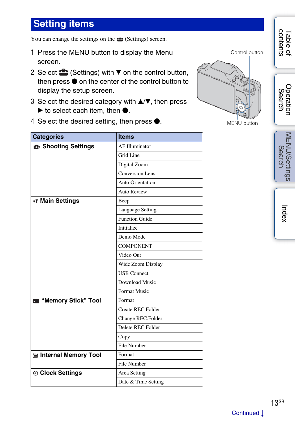 Setting items | Sony DSC-H20 User Manual | Page 13 / 149