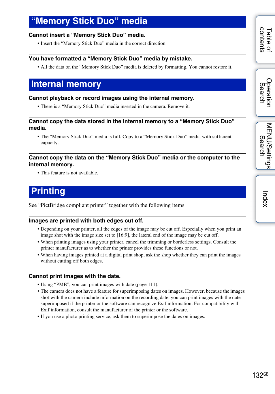 Memory stick duo” media, Internal memory, Printing | Sony DSC-H20 User Manual | Page 132 / 149