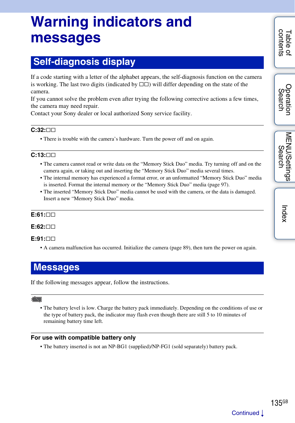 Warning indicators and messages, Self-diagnosis display messages | Sony DSC-H20 User Manual | Page 135 / 149