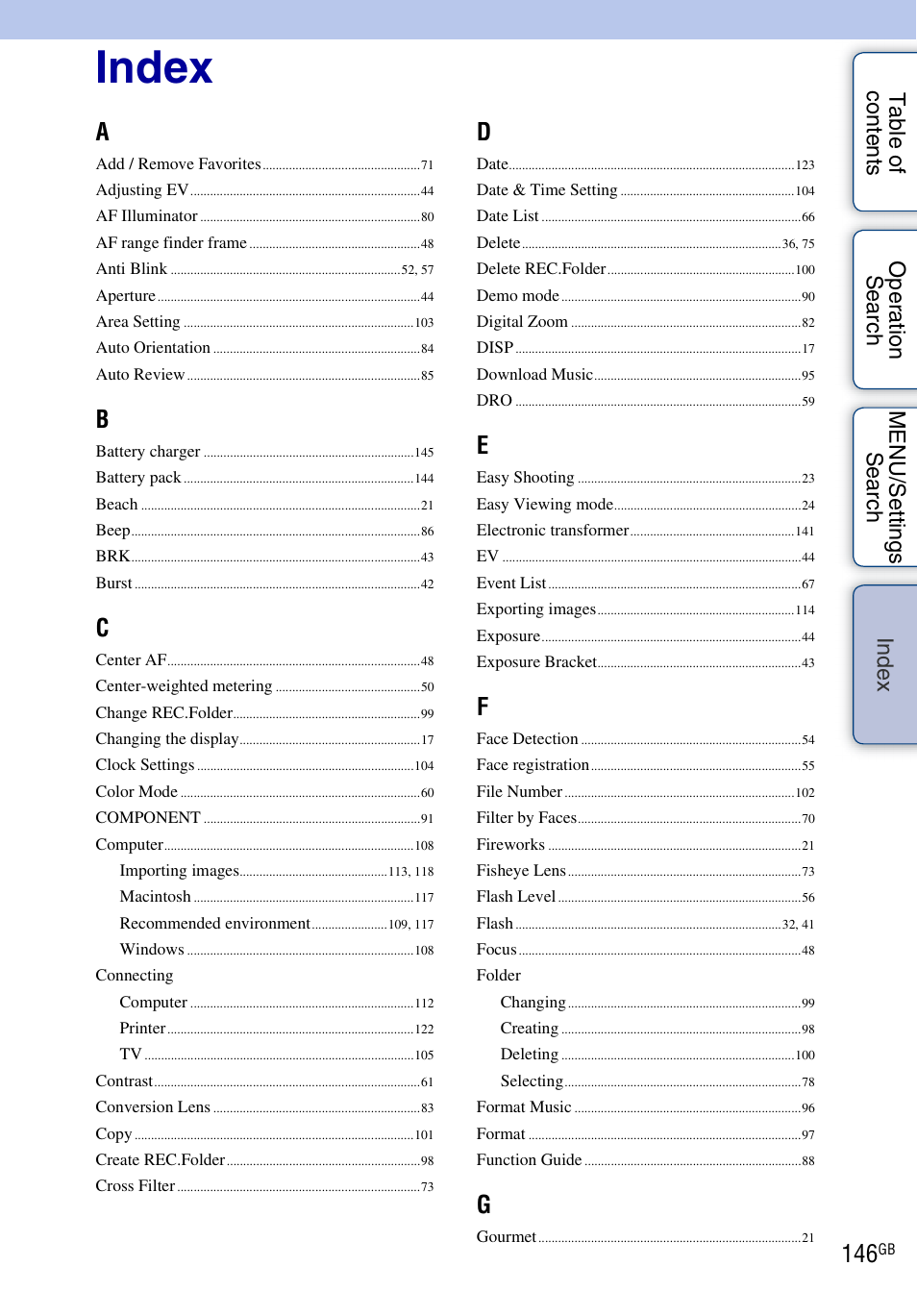 Index, De x | Sony DSC-H20 User Manual | Page 146 / 149