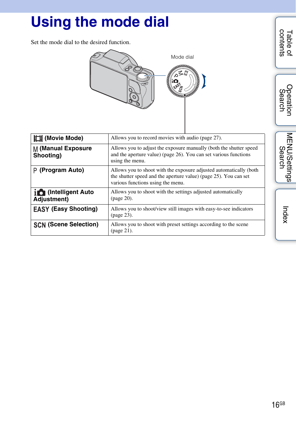 Using the mode dial | Sony DSC-H20 User Manual | Page 16 / 149