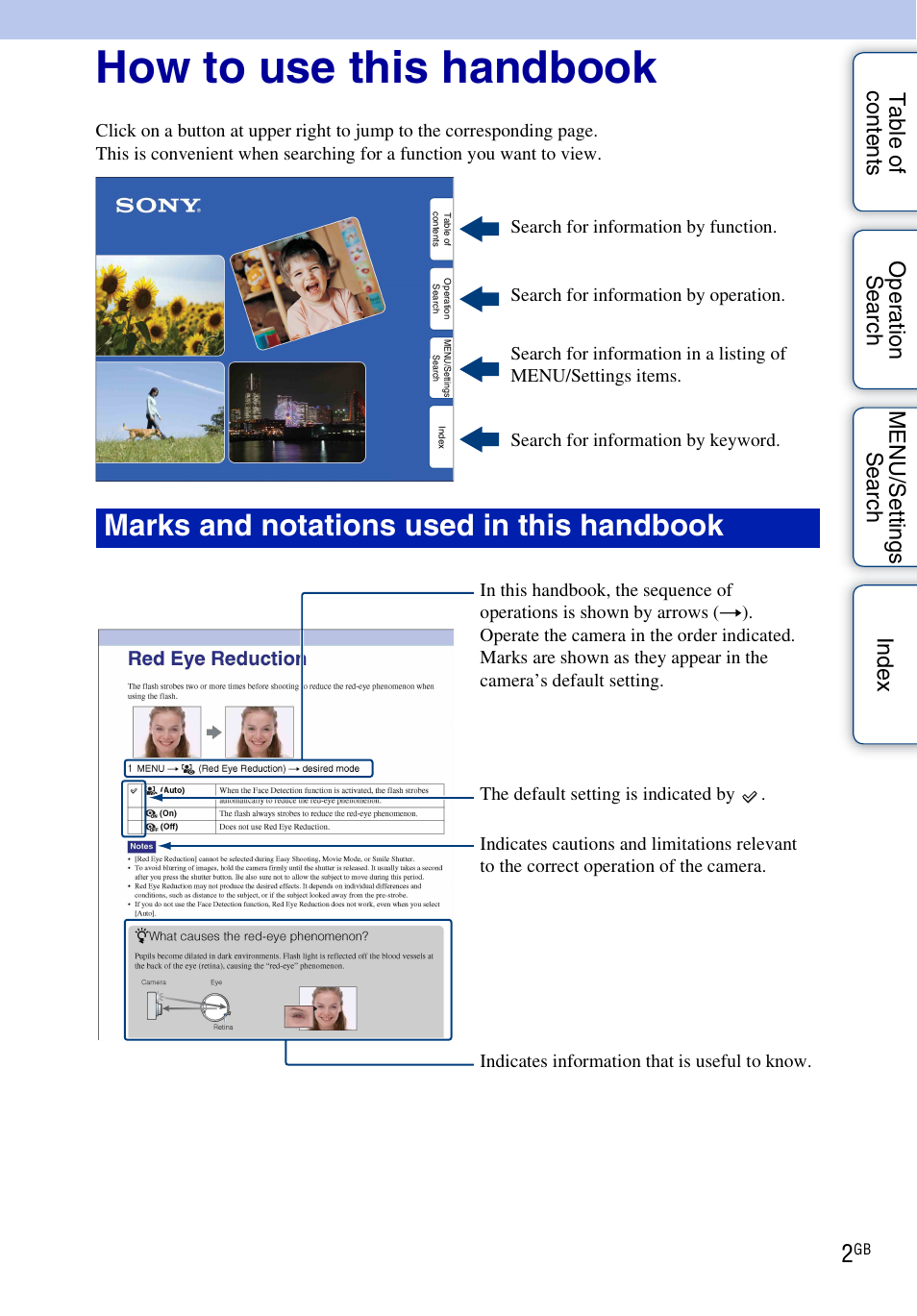 How to use this handbook, Marks and notations used in this handbook | Sony DSC-H20 User Manual | Page 2 / 149