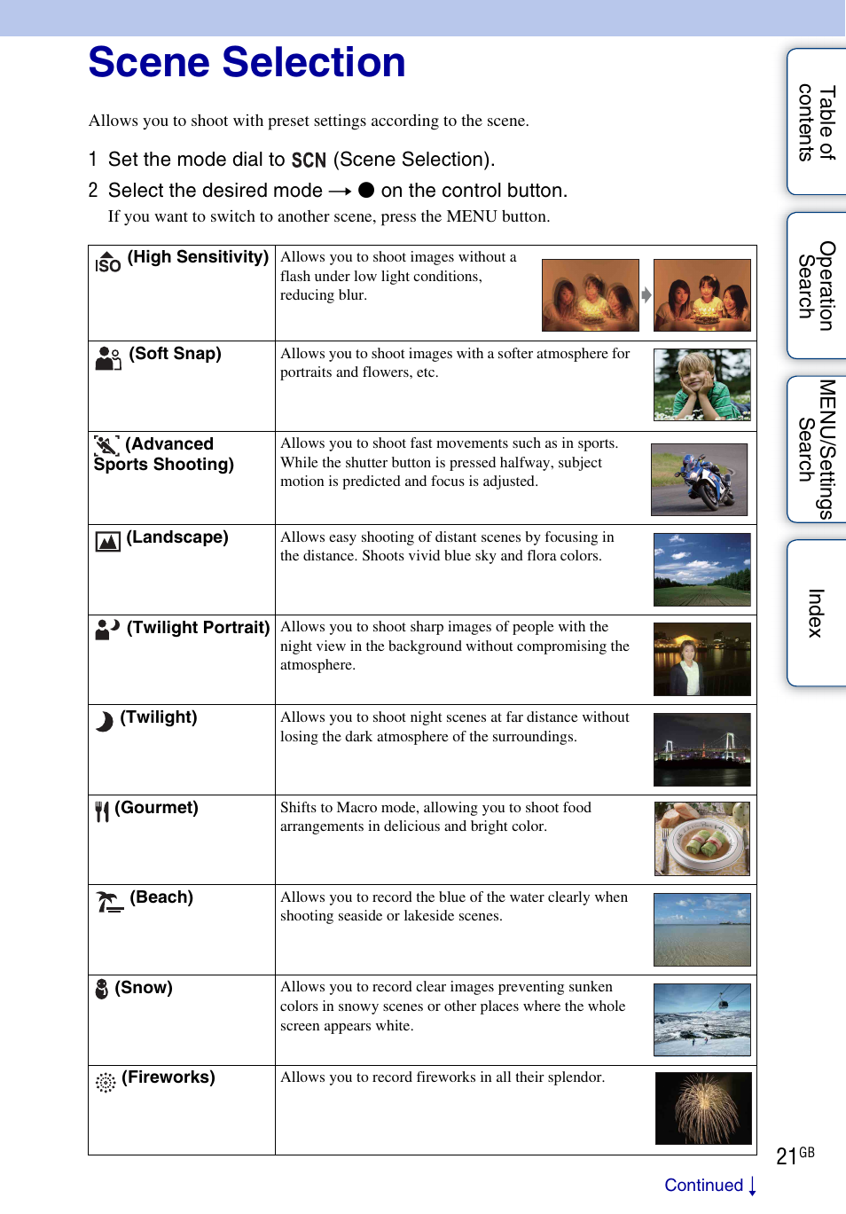 Scene selection | Sony DSC-H20 User Manual | Page 21 / 149