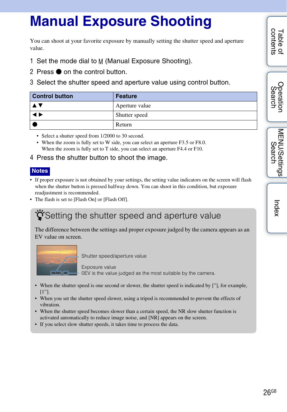 Manual exposure shooting, Setting the shutter speed and aperture value | Sony DSC-H20 User Manual | Page 26 / 149
