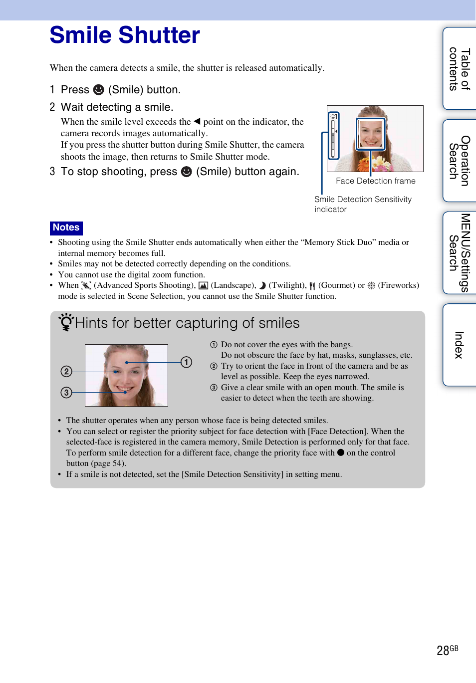 Smile shutter, Hints for better capturing of smiles | Sony DSC-H20 User Manual | Page 28 / 149