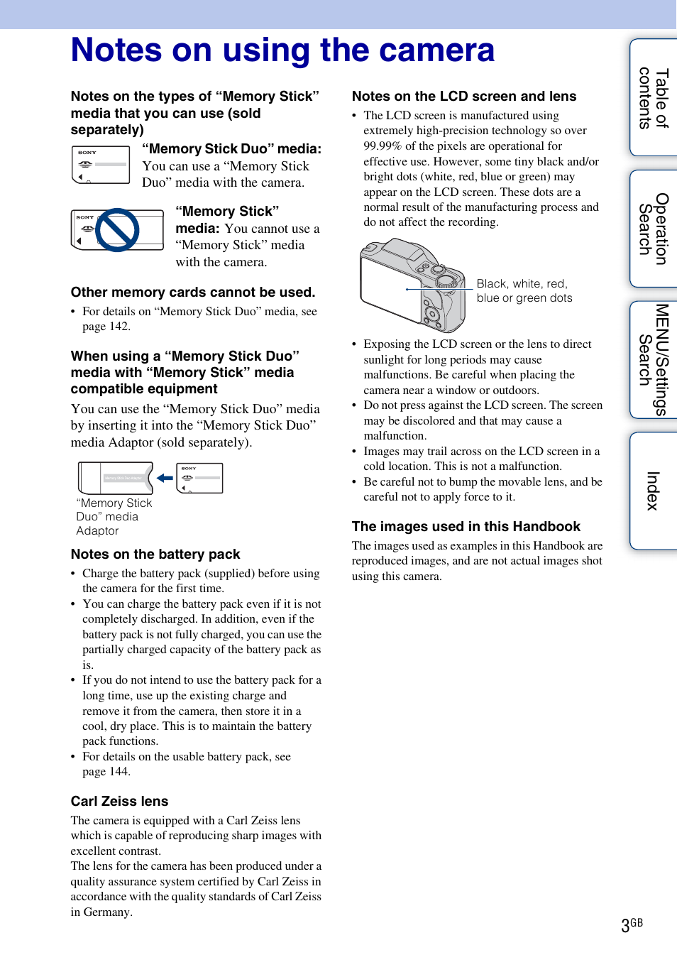 Notes on using the camera | Sony DSC-H20 User Manual | Page 3 / 149