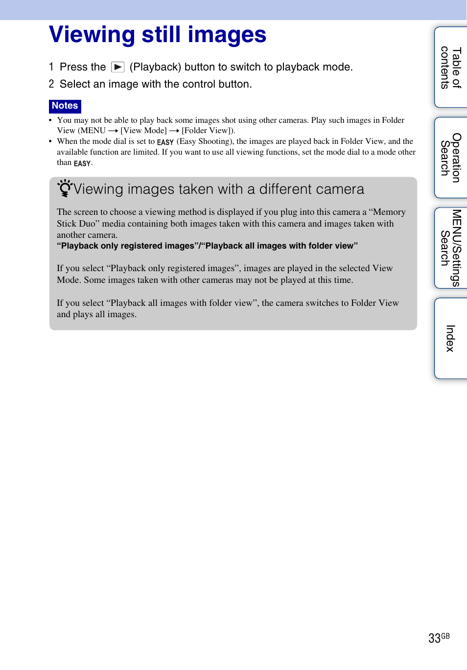 Viewing still images, Viewing images taken with a different camera | Sony DSC-H20 User Manual | Page 33 / 149