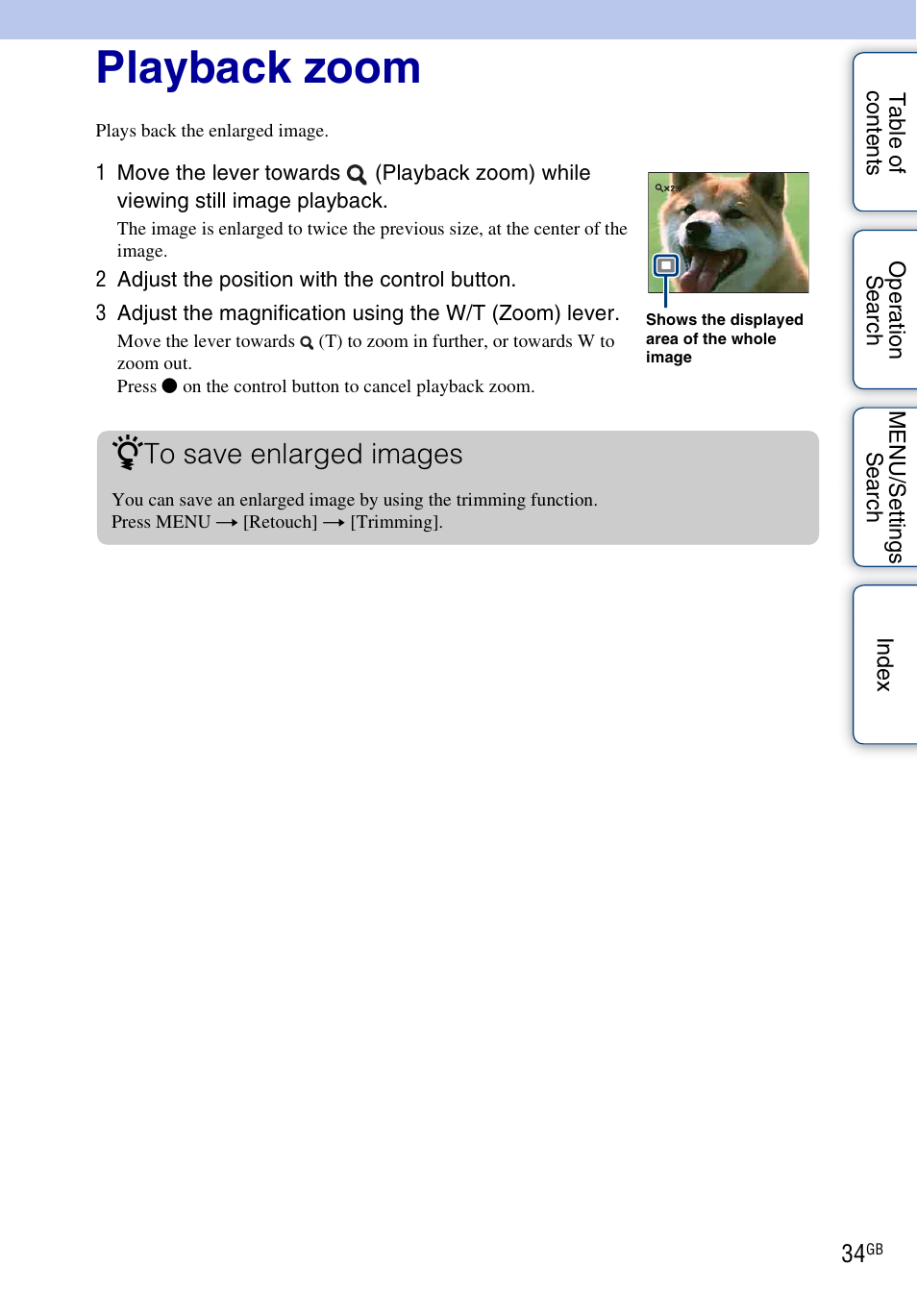 Playback zoom | Sony DSC-H20 User Manual | Page 34 / 149