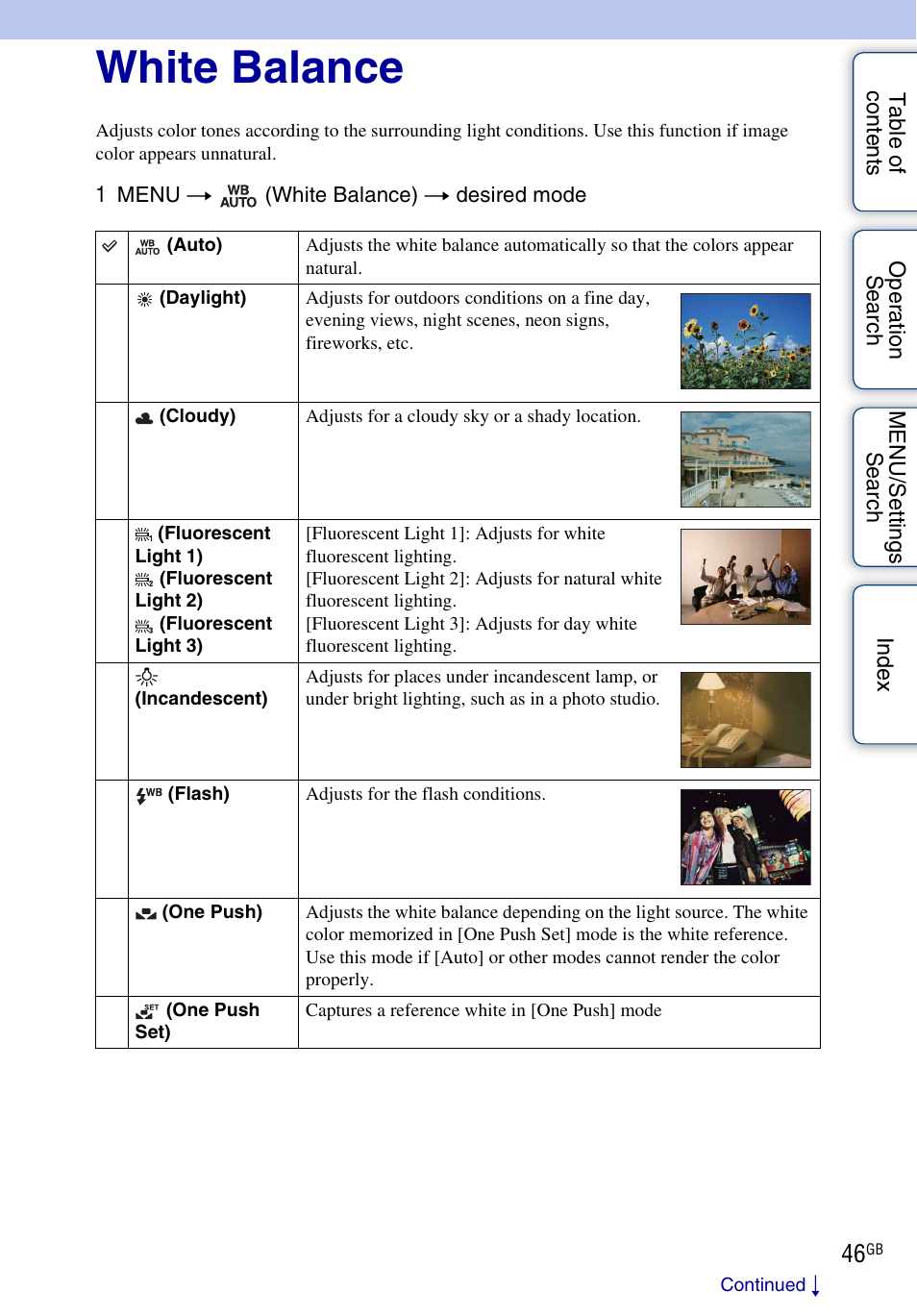 White balance | Sony DSC-H20 User Manual | Page 46 / 149