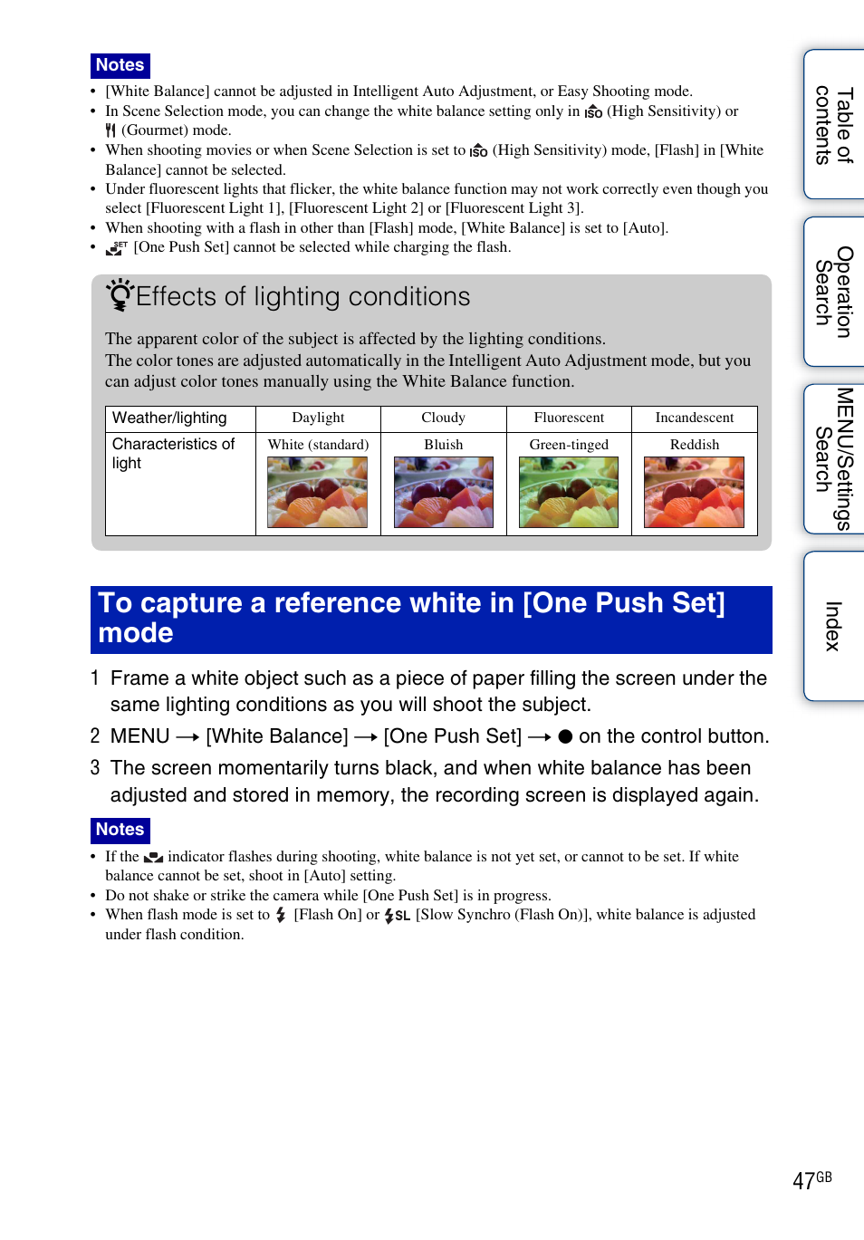 Effects of lighting conditions | Sony DSC-H20 User Manual | Page 47 / 149