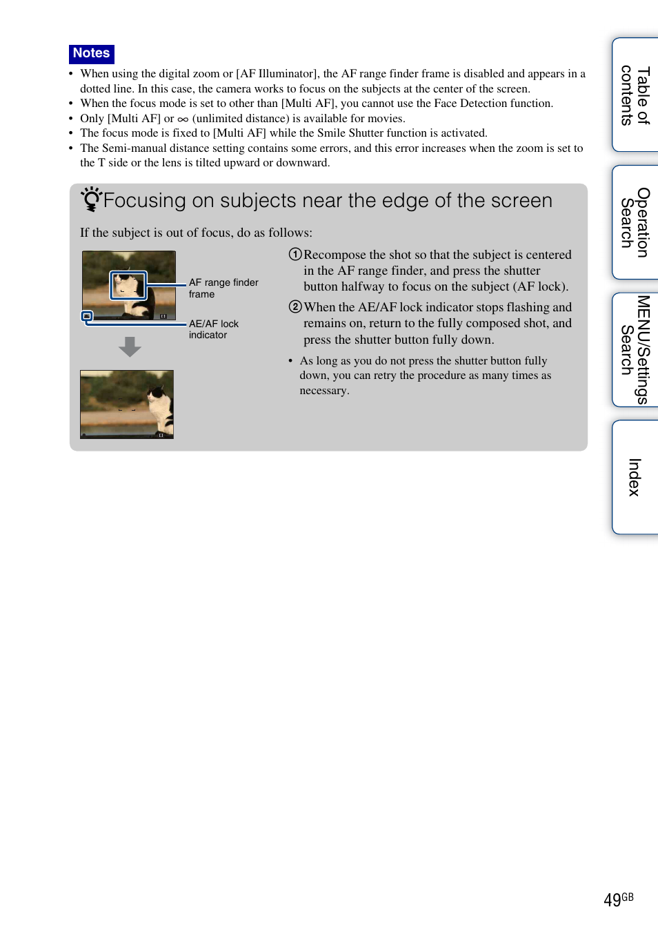 Focusing on subjects near the edge of the screen | Sony DSC-H20 User Manual | Page 49 / 149