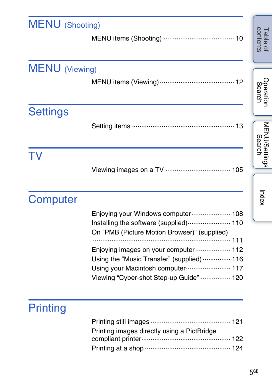 Menu, Settings, Computer | Printing | Sony DSC-H20 User Manual | Page 5 / 149