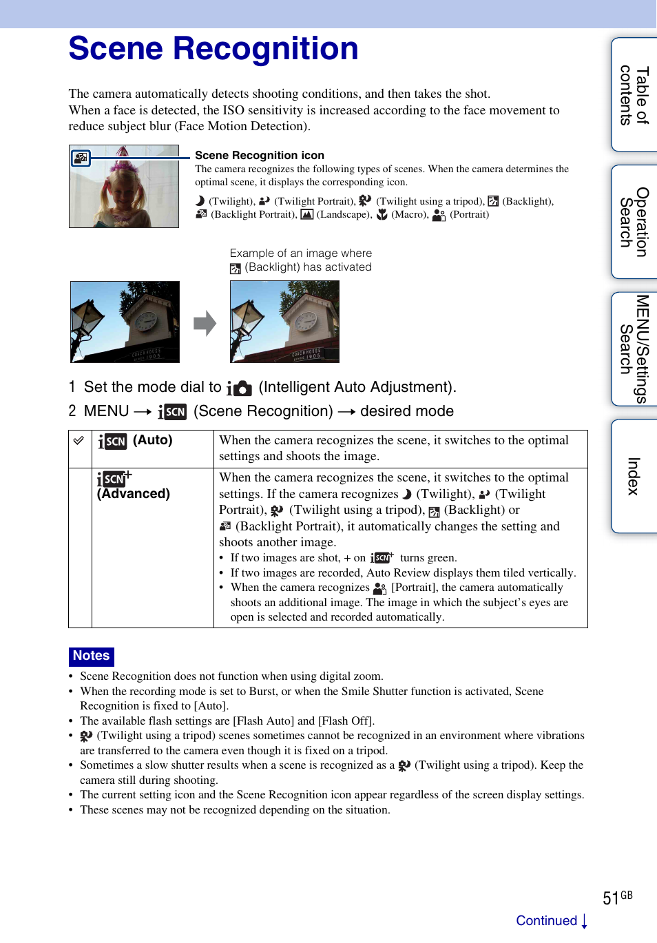 Scene recognition | Sony DSC-H20 User Manual | Page 51 / 149