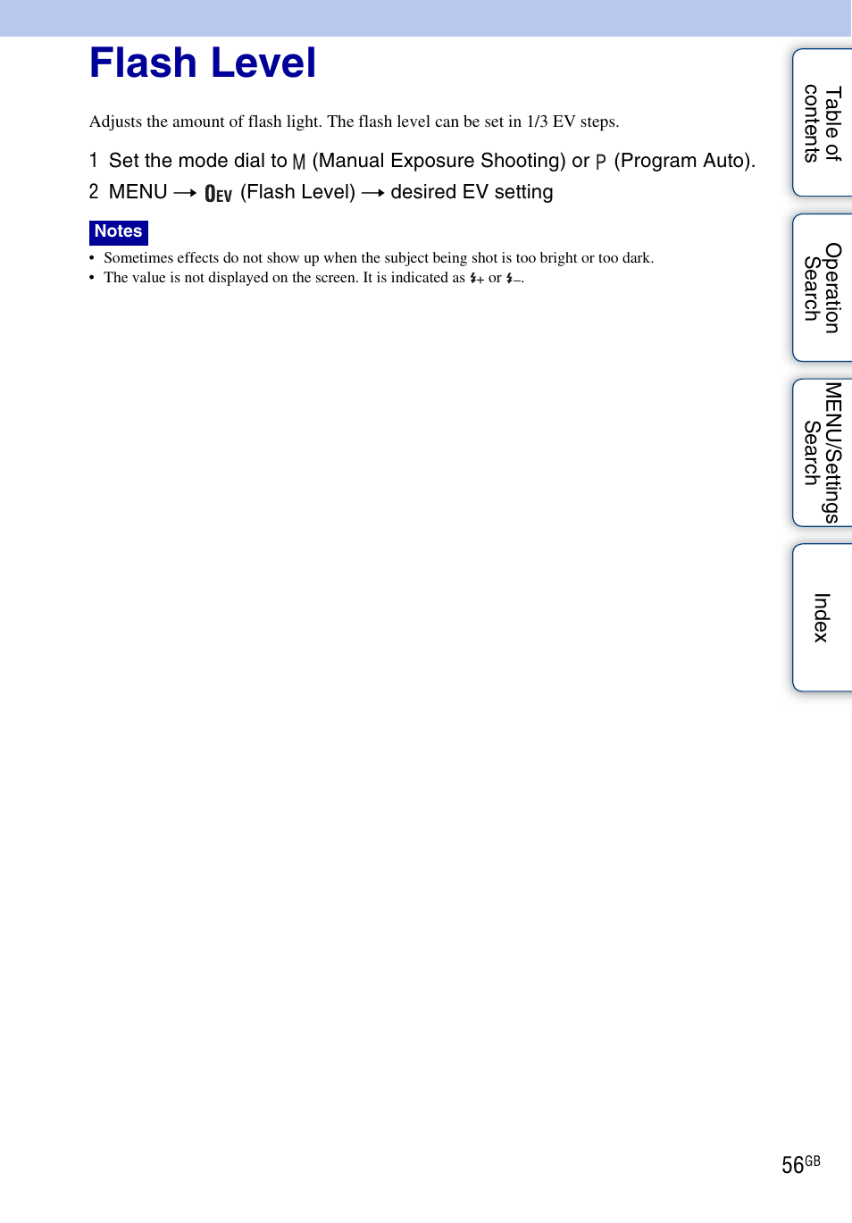 Flash level | Sony DSC-H20 User Manual | Page 56 / 149