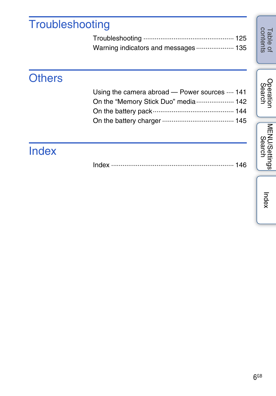 Troubleshooting, Others, Index | Sony DSC-H20 User Manual | Page 6 / 149