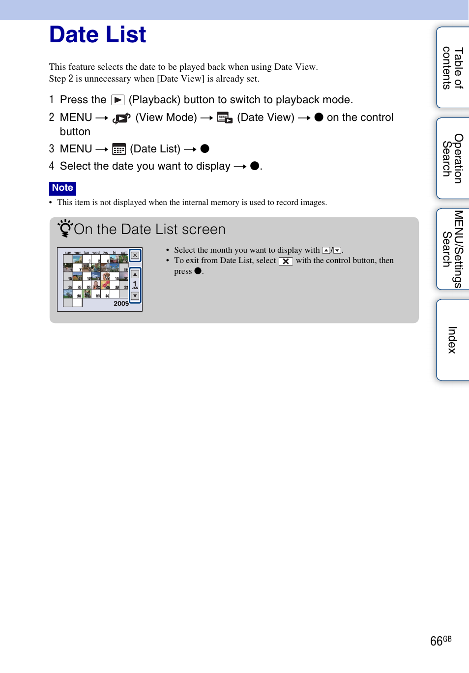 Date list, Date list), On the date list screen | Sony DSC-H20 User Manual | Page 66 / 149