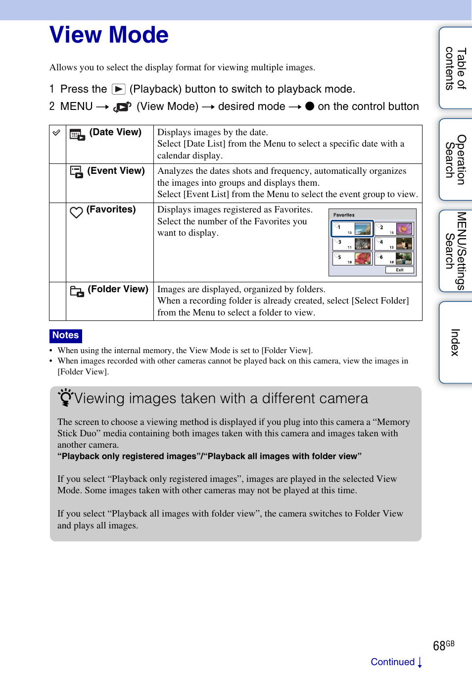 View mode, View mode), Viewing images taken with a different camera | Sony DSC-H20 User Manual | Page 68 / 149
