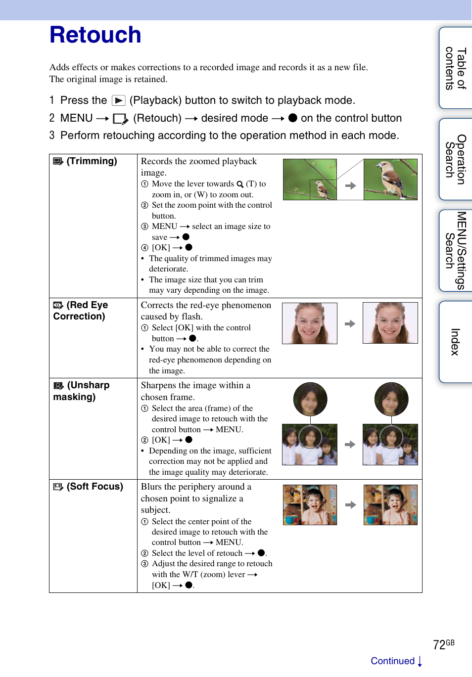 Retouch | Sony DSC-H20 User Manual | Page 72 / 149