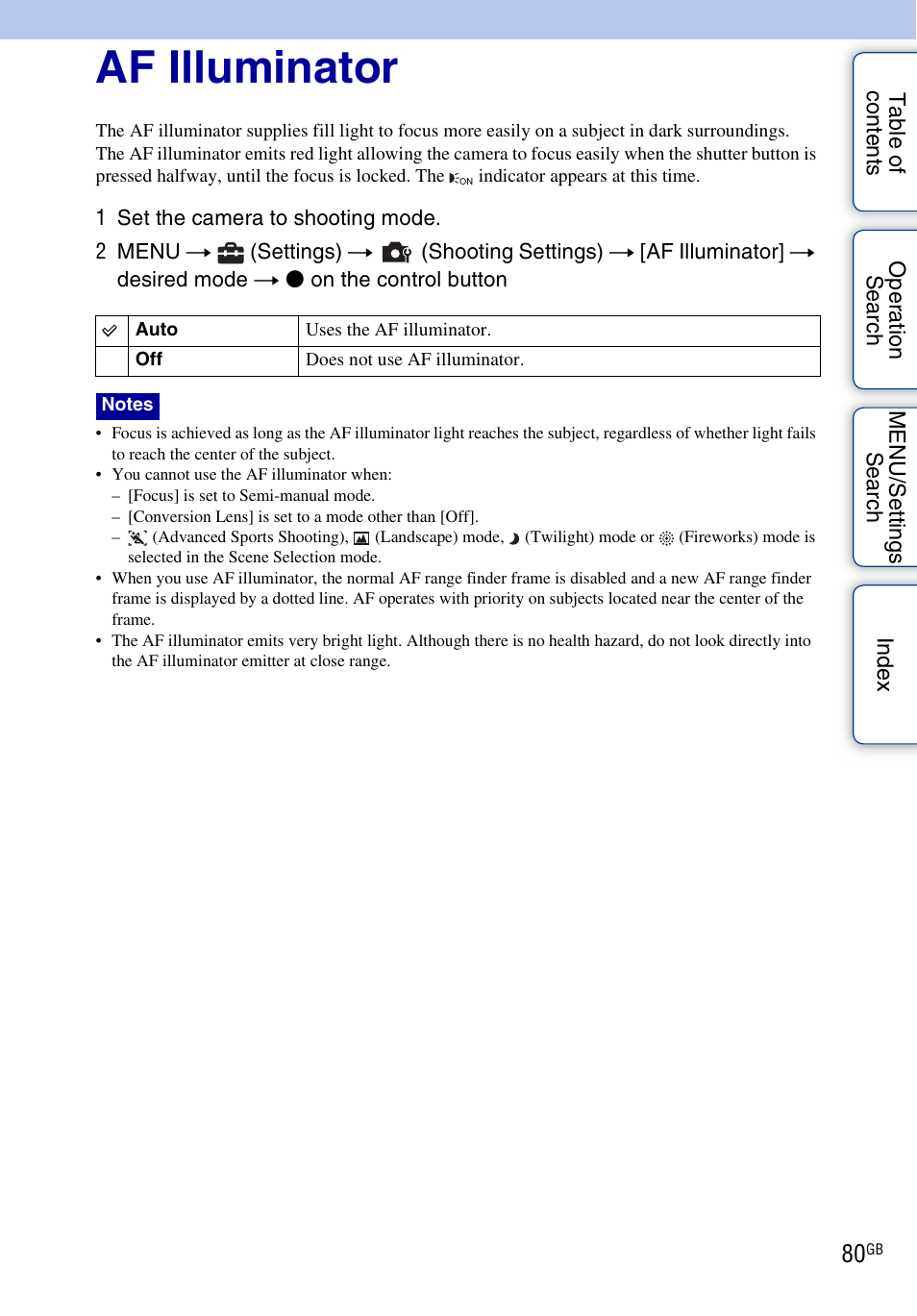 Af illuminator | Sony DSC-H20 User Manual | Page 80 / 149