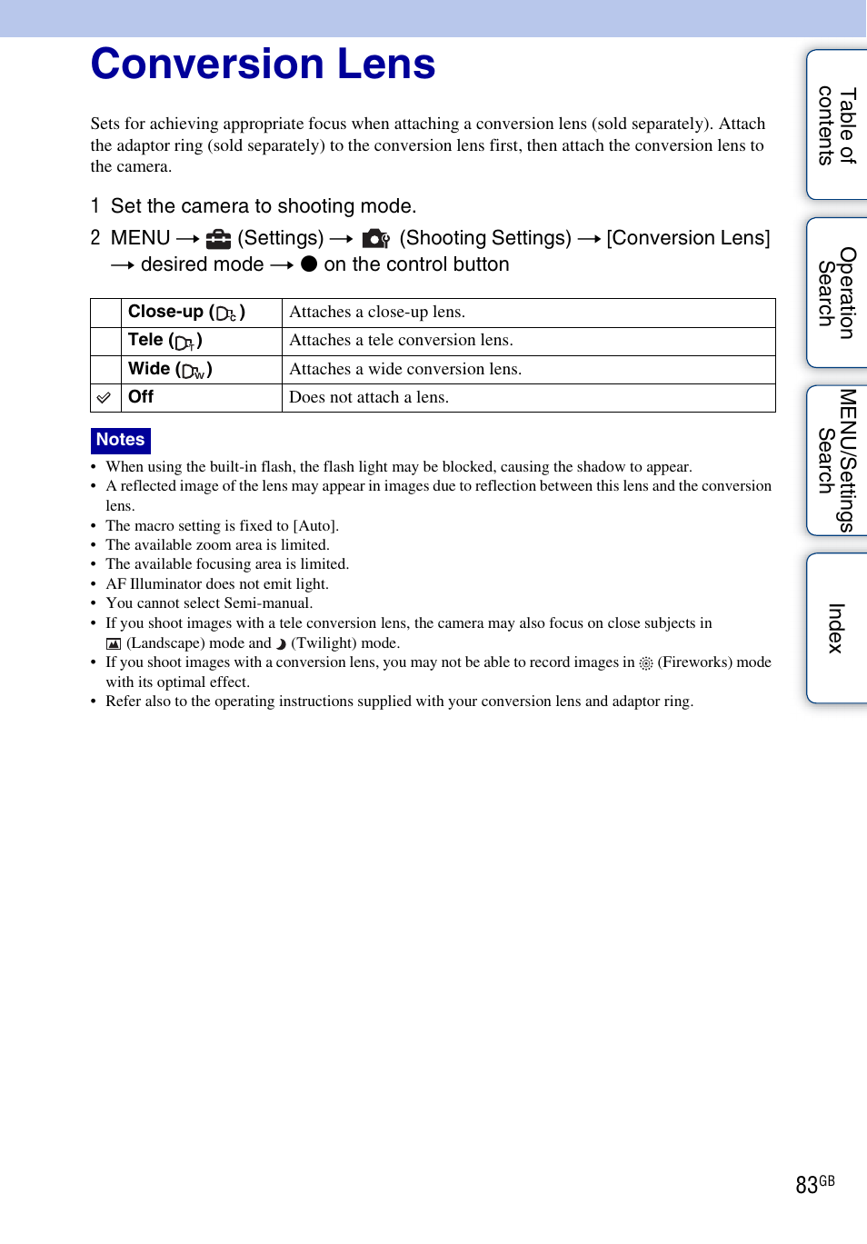 Conversion lens | Sony DSC-H20 User Manual | Page 83 / 149