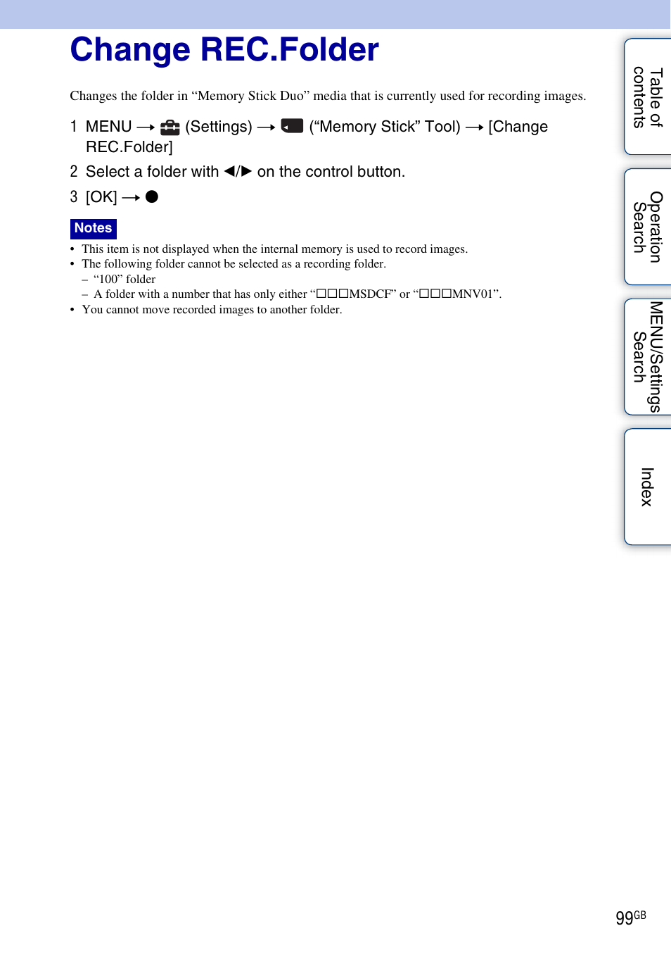 Change rec.folder | Sony DSC-H20 User Manual | Page 99 / 149