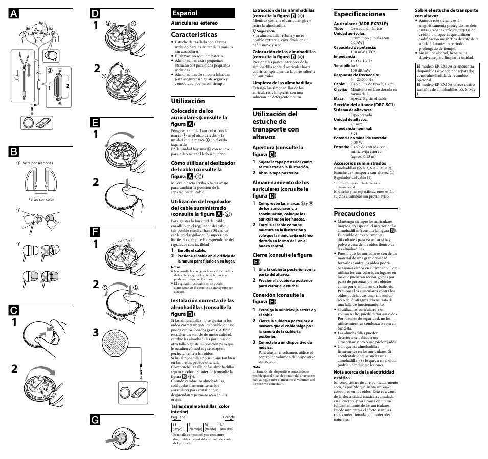 Utilización del estuche de transporte con altavoz, Especificaciones, Precauciones | Español, Características, Utilización | Sony MDR-EX34SC User Manual | Page 2 / 2