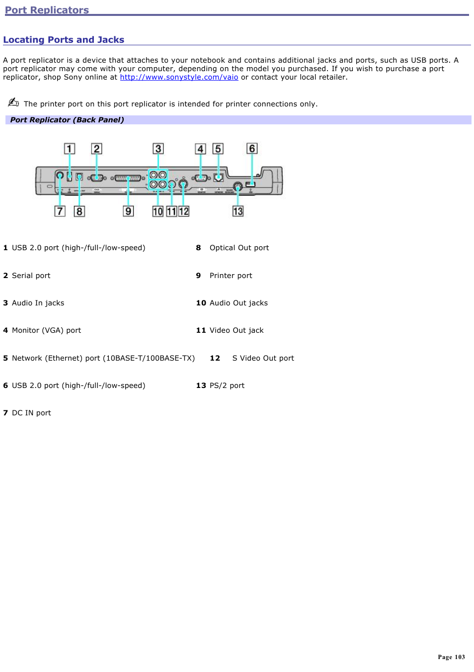 Locating ports and jacks, Port replicators | Sony PCG-GRT250 User Manual | Page 103 / 208