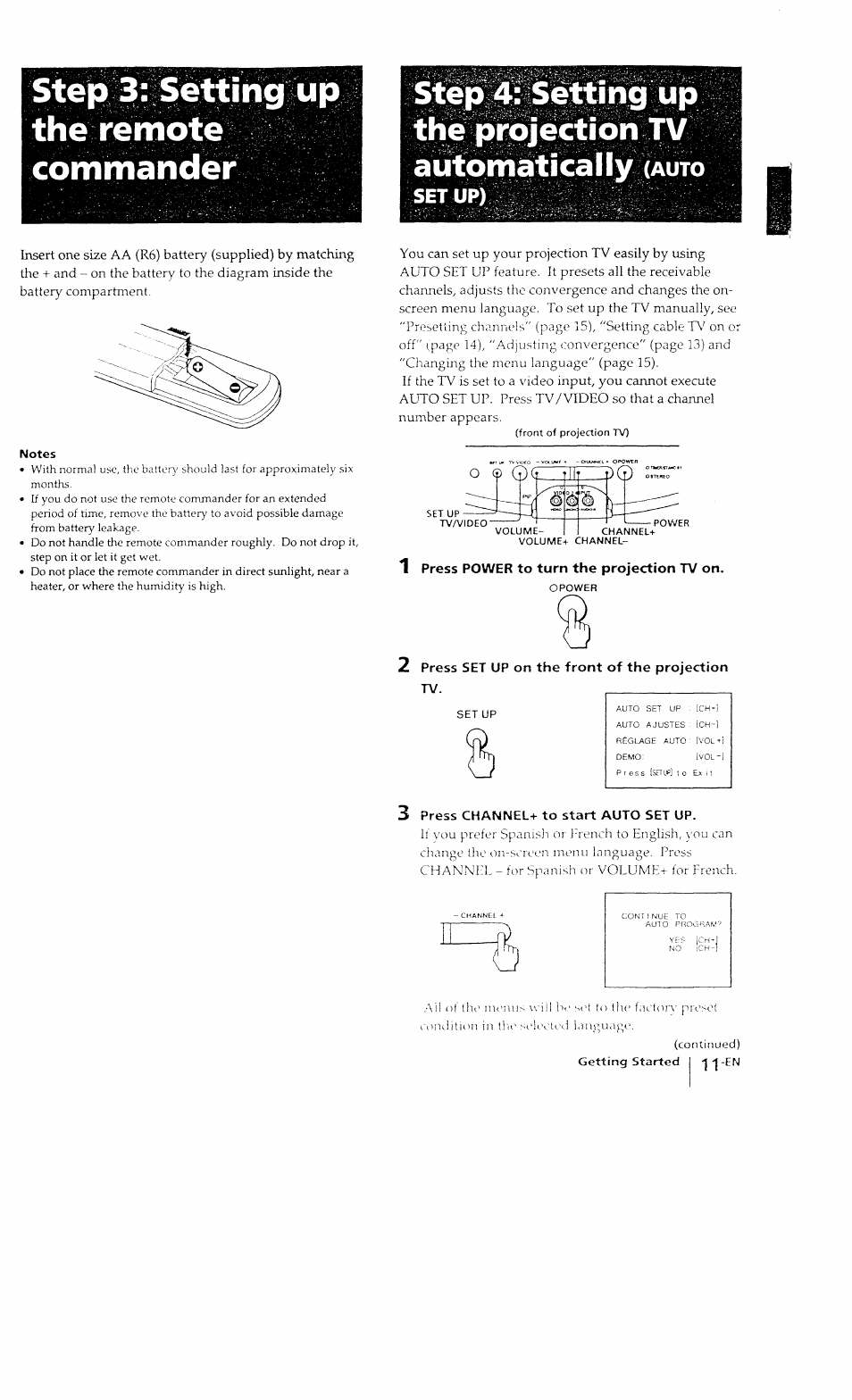 Step 3: setting up the remote commander, Setup), 1 press power to turn the projection tv on | 2 press set up on the front of the projection tv, 3 press channel+ to start auto set up | Sony KP-41T15 User Manual | Page 11 / 73