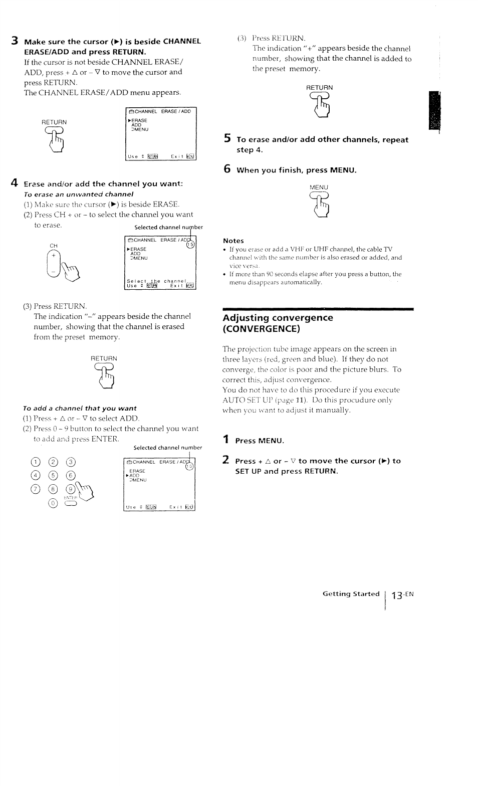 Erase and/or add the channel you want, Adjusting convergence (convergence), I press menu | Sony KP-41T15 User Manual | Page 13 / 73