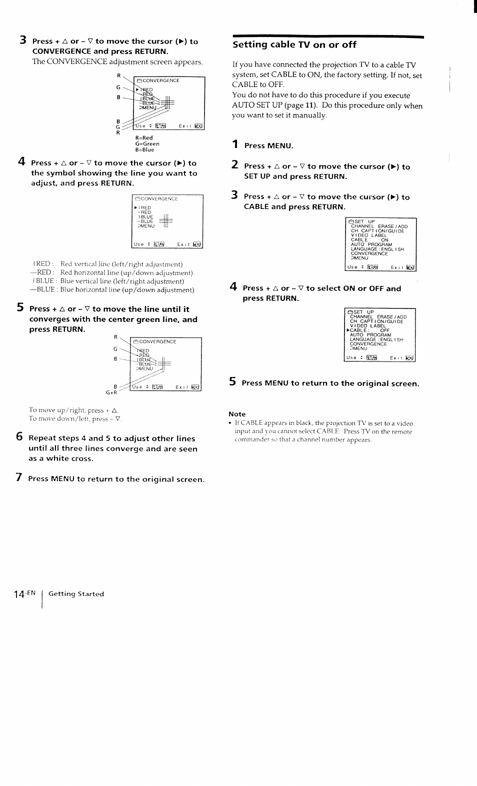 Setting cable tv on or off, 1 press menu, 5 press menu to return to the original screen | 7 press menu to return to the original screen | Sony KP-41T15 User Manual | Page 14 / 73