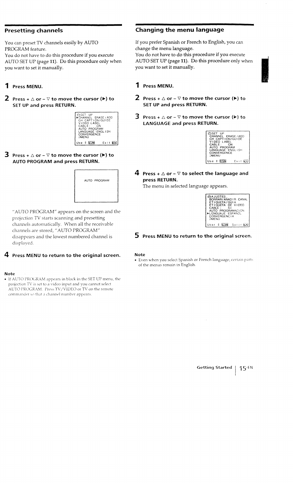 Presetting channels, Changing the menu language | Sony KP-41T15 User Manual | Page 15 / 73