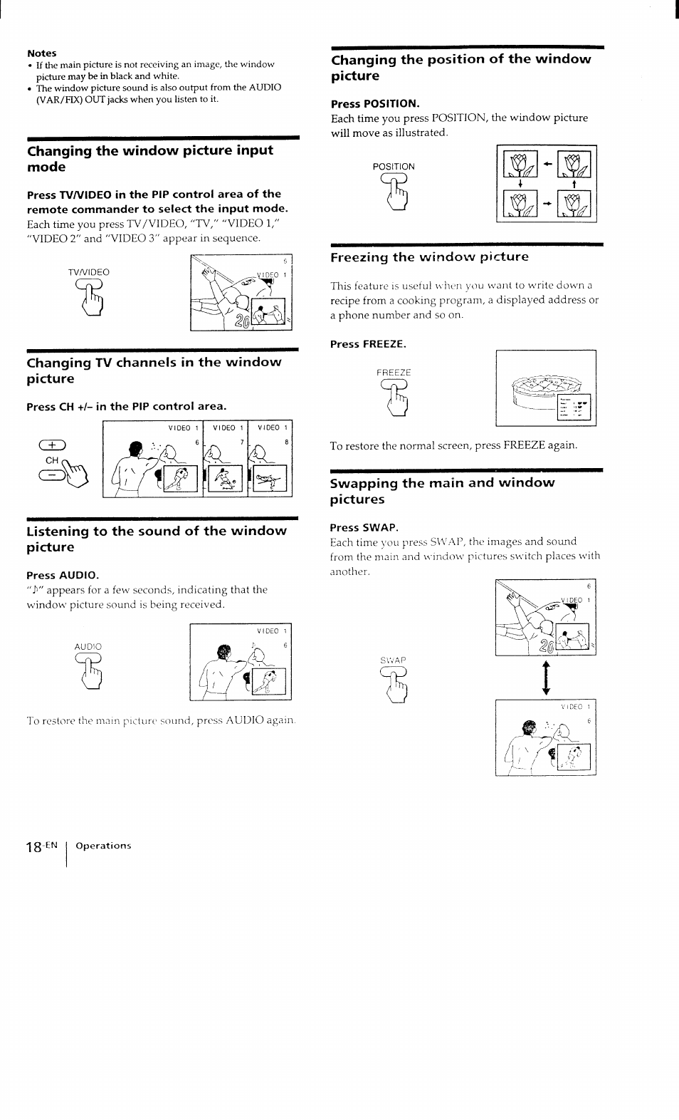 Press ch +/- in the pip control area, Press audio, Press position | Press freeze, Press swap | Sony KP-41T15 User Manual | Page 18 / 73