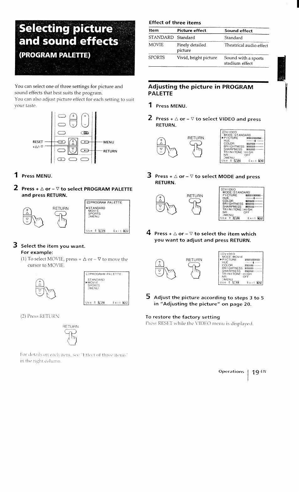 Selecting picture and sound effects, Program palette), Adjusting the picture in program palette | Sony KP-41T15 User Manual | Page 19 / 73