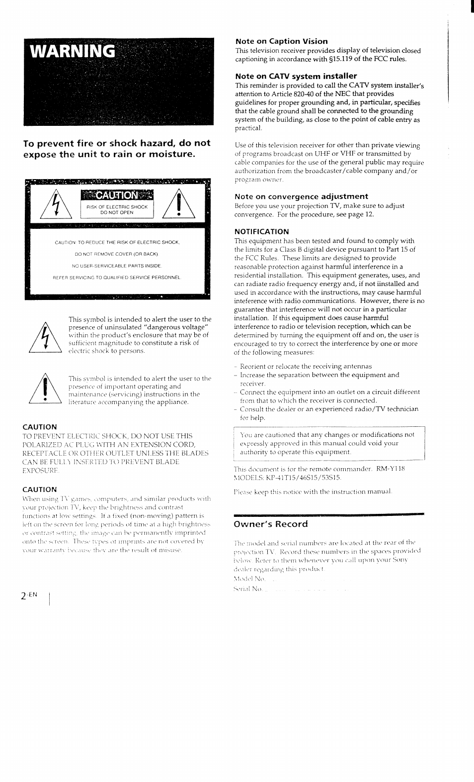 Warning, Caution, Note on caption vision | Note on catv system installer, Note on convergence acijustment, Notification, Owner's record | Sony KP-41T15 User Manual | Page 2 / 73