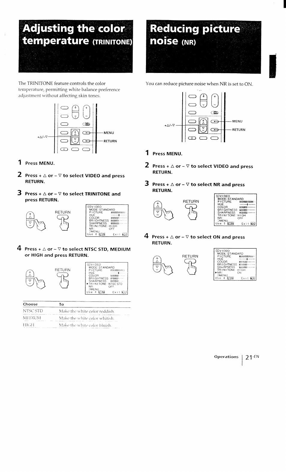 Adjusting the color temperature (trinitoi^e) | Sony KP-41T15 User Manual | Page 21 / 73