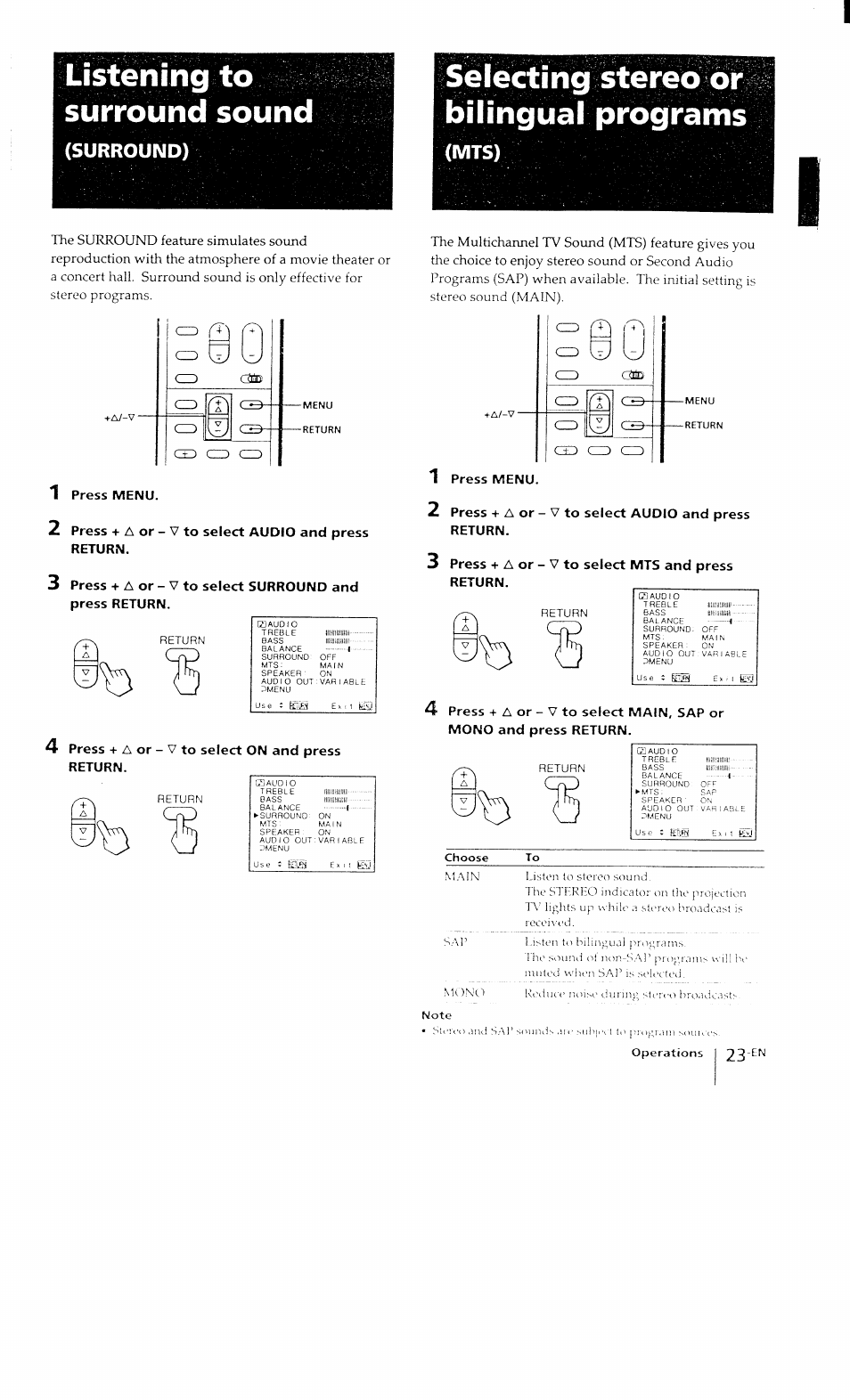 Selecting stereo òr bilingual programs, Mts), Listening to surrouncl sound | Surround) | Sony KP-41T15 User Manual | Page 23 / 73